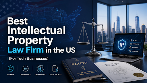 Banner advertising the best intellectual property law firm for tech businesses, with scales of justice, patent documents, and a laptop showing an IP shield against a city skyline.
