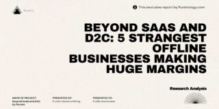 Cover page of an exclusive report: 'Beyond SaaS and D2C: 5 strangest offline businesses making huge margins' with Pursho logo on the left and a Research Analysis graphic on the right