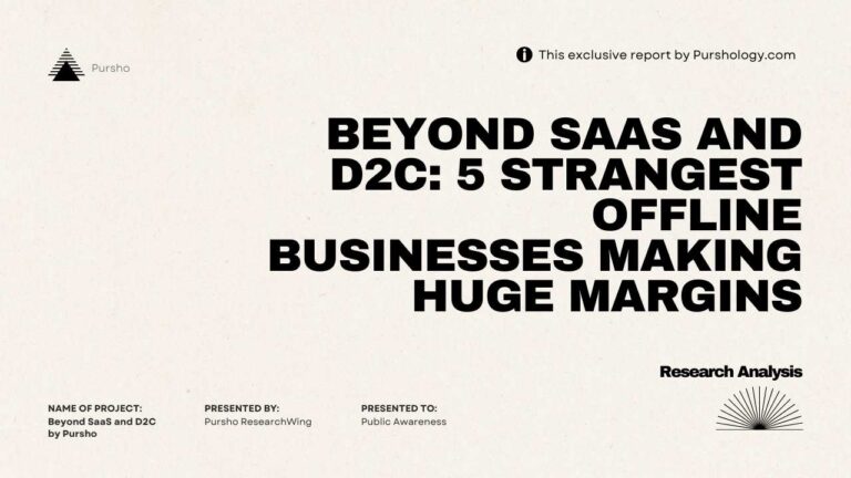 Cover page of an exclusive report: 'Beyond SaaS and D2C: 5 strangest offline businesses making huge margins' with Pursho logo on the left and a Research Analysis graphic on the right