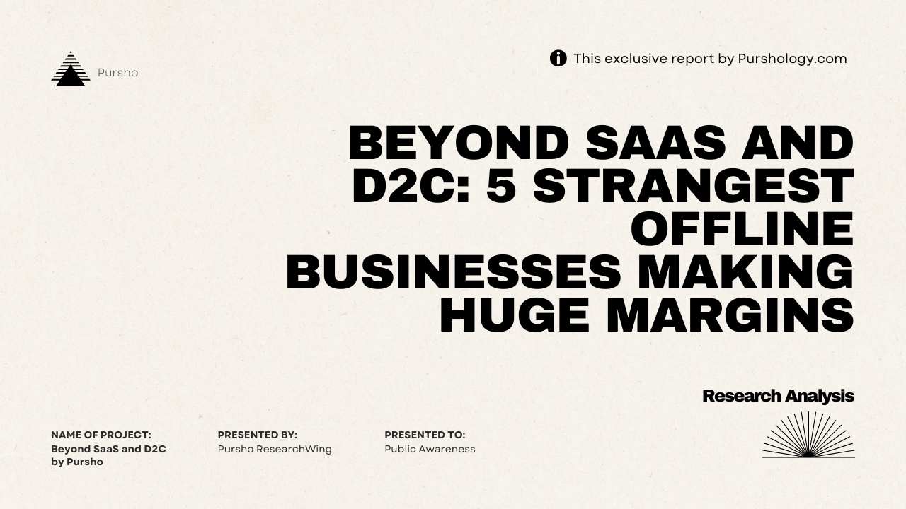 Cover page of an exclusive report: 'Beyond SaaS and D2C: 5 strangest offline businesses making huge margins' with Pursho logo on the left and a Research Analysis graphic on the right