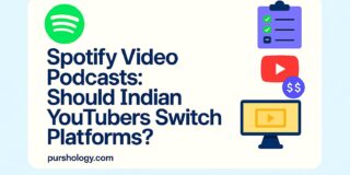Graphic for an article about whether Indian YouTubers should switch to Spotify Video Podcasts, featuring the Spotify logo and related icons.
