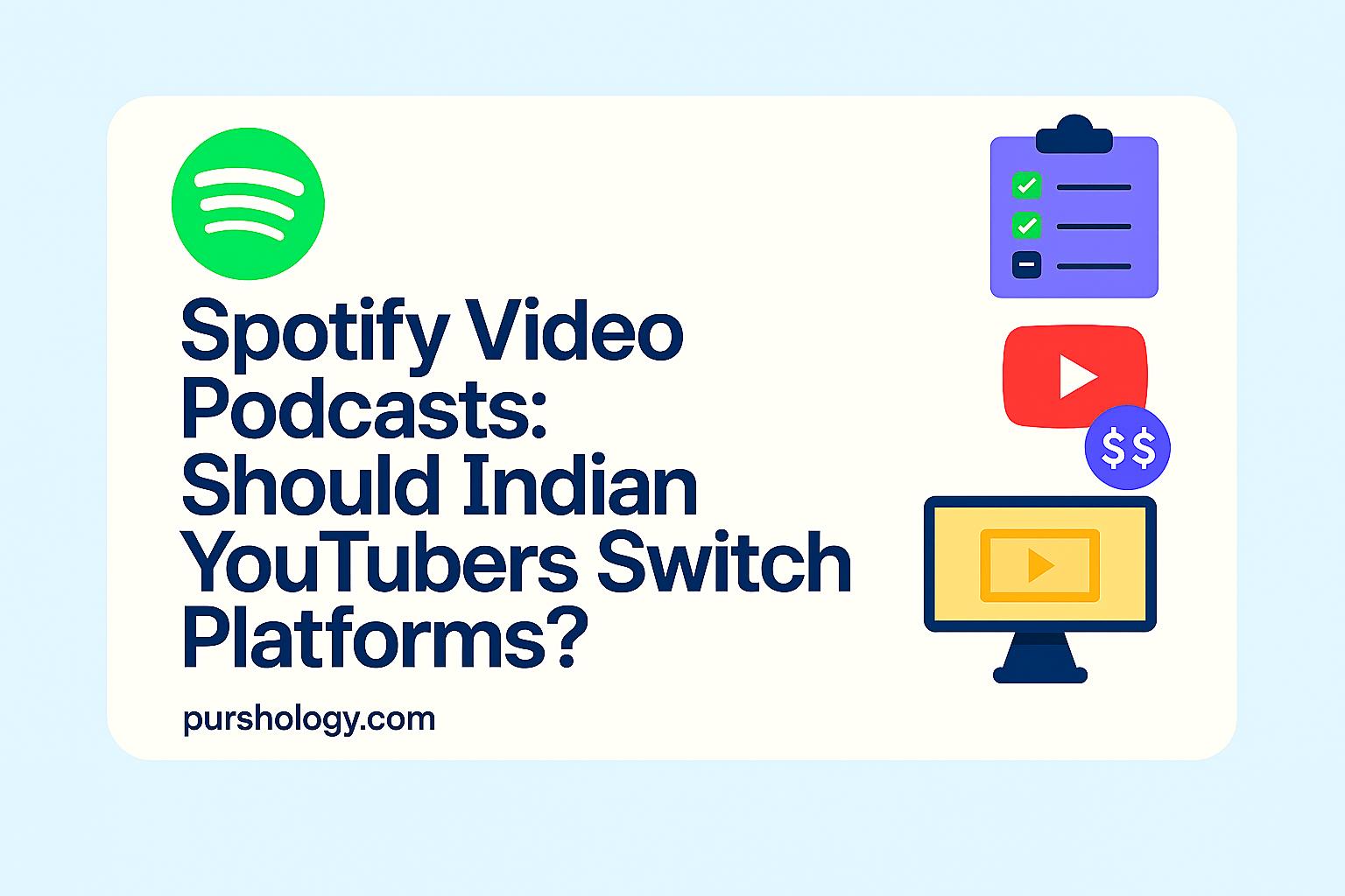 Graphic for an article about whether Indian YouTubers should switch to Spotify Video Podcasts, featuring the Spotify logo and related icons.