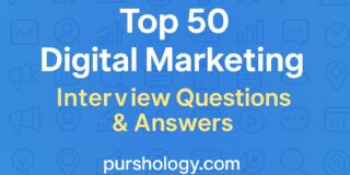 Banner reading 'Top 50 Digital Marketing Interview Questions & Answers', purshology.com