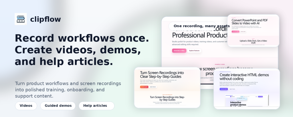 Clipflow hero: bold headline about recording workflows and creating videos, with logo and soft gradient background plus three floating previews.