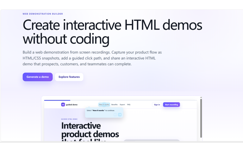 Hero section advertising a web demonstration builder: 'Create interactive HTML demos without coding' with two CTAs 'Generate a demo' and 'Explore features', plus a browser window preview of an interactive demo.