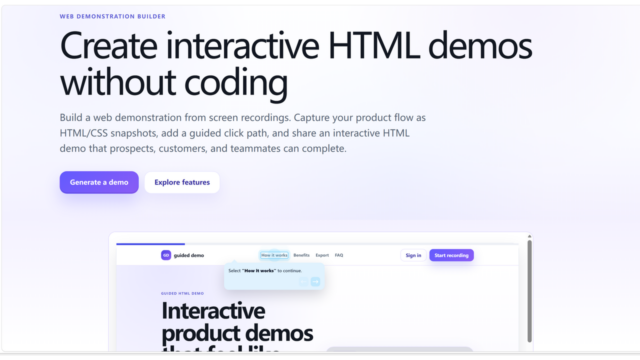 Hero section advertising a web demonstration builder: 'Create interactive HTML demos without coding' with two CTAs 'Generate a demo' and 'Explore features', plus a browser window preview of an interactive demo.