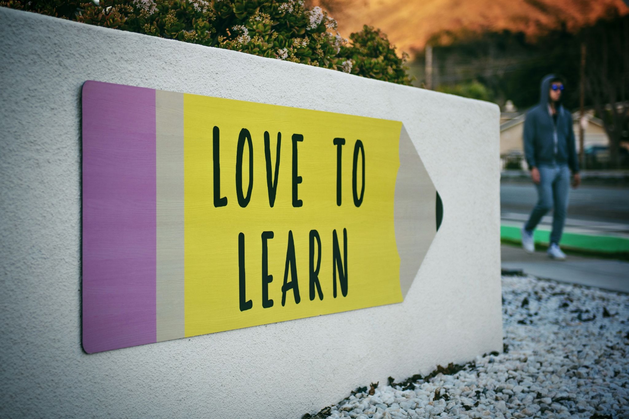 Outdoor sign on a concrete wall reading 'LOVE TO LEARN' in black letters on a yellow panel, with a blurred person in a hoodie in the background.