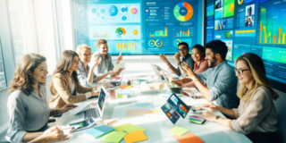 Team of diverse professionals around a glass conference table, discussing data dashboards displayed on multiple large screens at the front room wall.