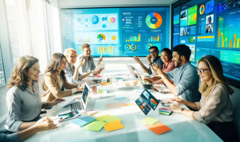 Team of diverse professionals around a glass conference table, discussing data dashboards displayed on multiple large screens at the front room wall.