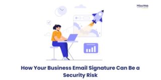 Illustration of a person at a laptop with a rocket and charts, highlighting email signature security risk for businesses