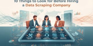 Three professionals sit around a glowing touchscreen table displaying a checklist of data-scraping company criteria, with a large banner above.