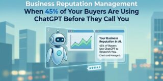 AI-powered reputation management concept: friendly robot beside a performance chart and a chat panel against a cityscape.