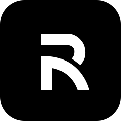 Logo: a stylized white letter 'R' on a black square background, abstract and bold.
