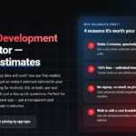 Hero banner: left column shows the headline 'Mobile App Development Cost Calculator — Get Instant Estimates' with a paragraph and a red 'Calculate App Cost' button; right side features a gradient card titled 'Why calculate first? 4 reasons it's worth your 2 minutes' listing four numbered benefits.