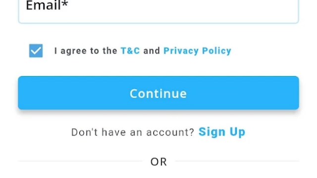 Signup screen for AI CardVault app: email field, terms checkbox, blue Continue button, Sign Up link, and 'Continue with Google' option; powered by Techify Solutions.