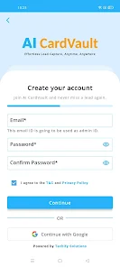 Signup screen for AI CardVault with logo, fields for Email, Password, Confirm Password, a terms checkbox, blue Continue button, OR divider, and a 'Continue with Google' option.