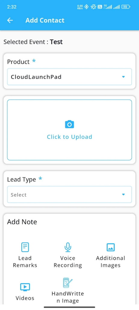 Form screen to add a contact for a selected event, showing product, upload area, lead type, and notes options.