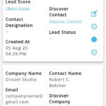 Manage Lead screen with two lead cards showing company and contact details, email, lead score link, created time, and action icons (edit, clock, info, dropdown) on the right.