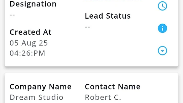 Manage Lead screen with two lead cards showing company and contact details, email, lead score link, created time, and action icons (edit, clock, info, dropdown) on the right.