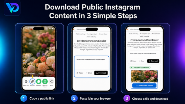 Infographic showing a 3-step process to download public Instagram content on three phones with a dark gradient background and a logo in the top-left corner.