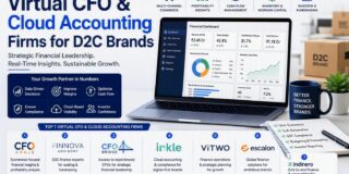 Promotional infographic for Best Virtual CFO & Cloud Accounting Firms for D2C Brands, with a laptop dashboard and large blue headline.