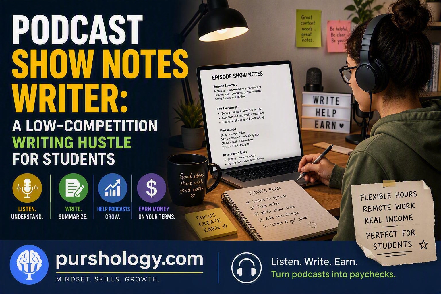 Podcast Show Notes Writer- A Low-Competition Writing Hustle for Students That Pays - purshoLOGY Podcast Show Notes Writer: A Low-Competition Writing Hustle for Students That Pays