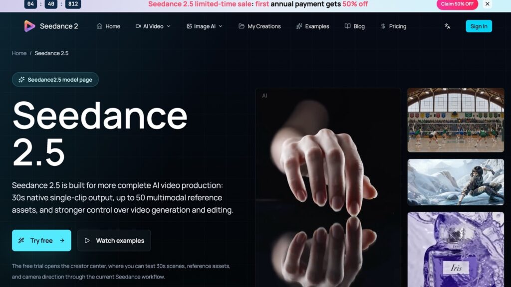 Hero hero: dark grid background with large 'Seedance 2.5' headline on the left, descriptive text below, and three right-side thumbnails (a hand close-up, a gym scene, and a purple perfume bottle) showcasing related content.