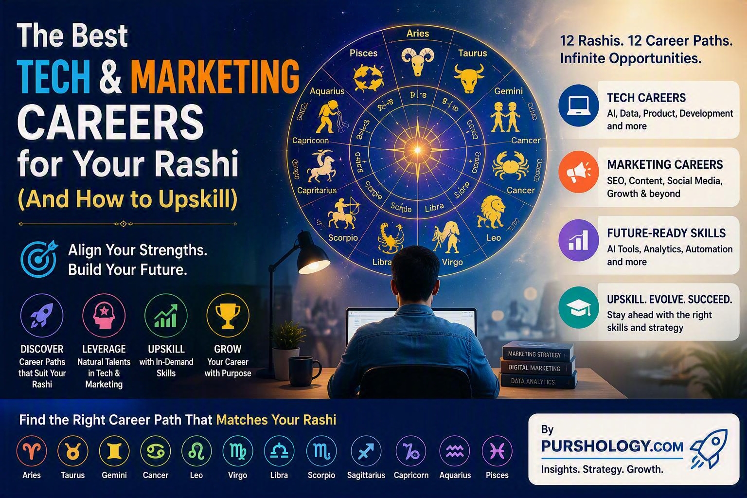 Infographic showing tech and marketing careers for each zodiac sign with a large zodiac wheel and side panels in a dark blue gradient.