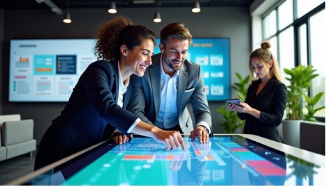 image - purshoLOGY Three business professionals gather around a large interactive touchscreen table, reviewing a colorful digital project.