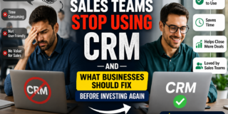 Infographic banner showing two salespeople at laptops, criticizing CRM on the left and praising it on the right with bold title: Why Sales Teams Stop Using CRM and What Businesses Should Fix Before Investing Again.
