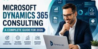 TechCronus banner advertising Microsoft Dynamics 365 consulting with a cheerful man in a suit at a laptop and data icons.