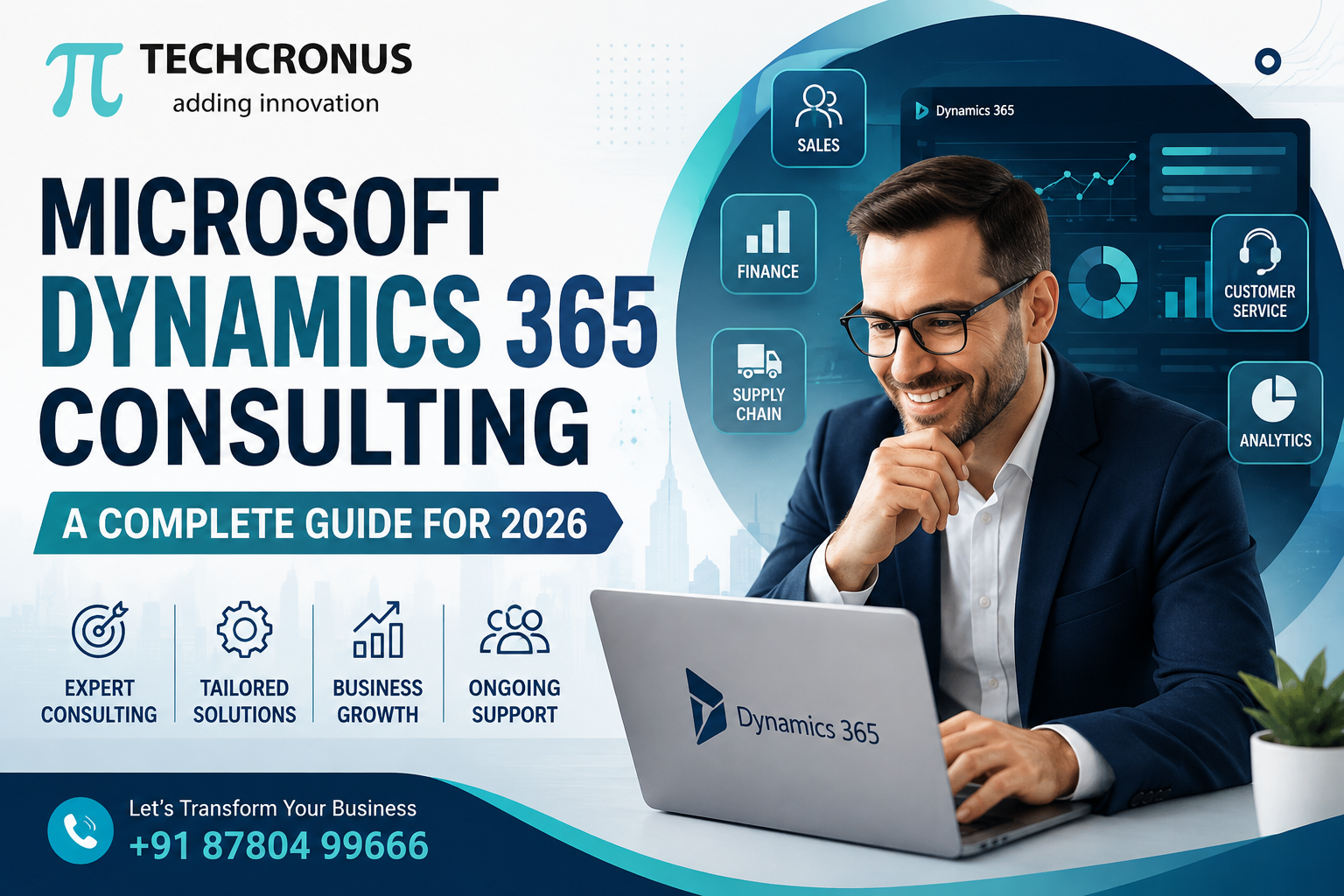 image - purshoLOGY TechCronus banner advertising Microsoft Dynamics 365 consulting with a cheerful man in a suit at a laptop and data icons.