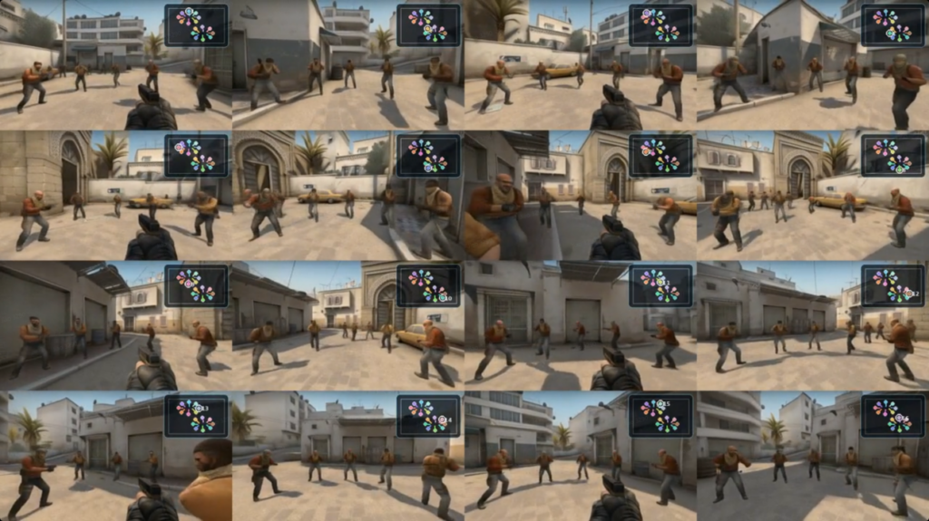 Collage of 24 in-game screenshots from a first-person shooter, showing a player with a gun in a dusty urban map as enemies advance toward cover. Overlay panels appear in several frames.