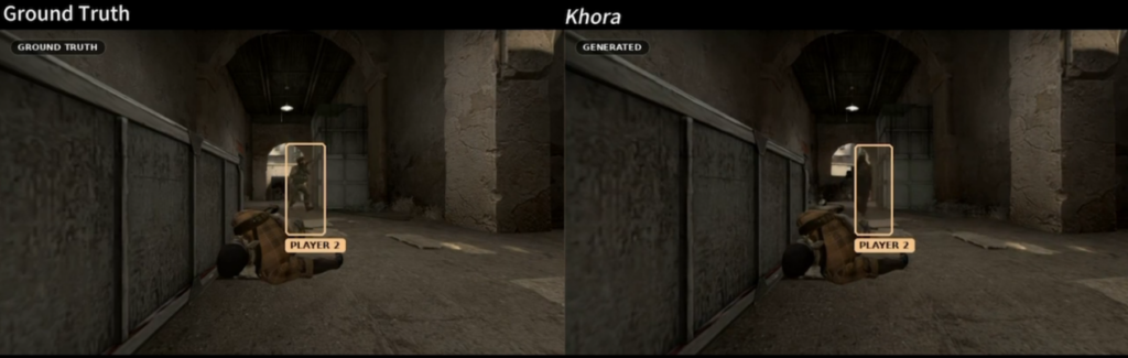 Split-screen before/after comparison of a dim alley shooter: a crouching soldier beside a wall with a highlighted target outlined in yellow and labeled ‘PLAYER 2’.