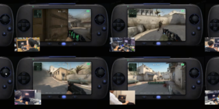 Collage of eight handheld gaming consoles showing a first-person shooter game on each screen, with small video thumbnails of players overlaid at the bottom corners.