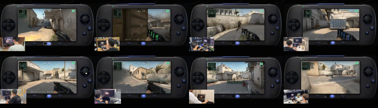 Collage of eight handheld gaming consoles showing a first-person shooter game on each screen, with small video thumbnails of players overlaid at the bottom corners.