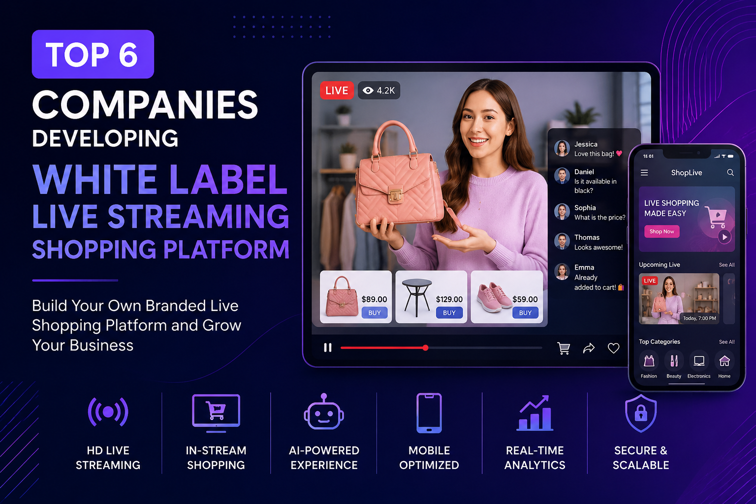 Banner promoting a white-label live streaming shopping platform with a presenter displaying a pink handbag on a tablet and mobile app UI, and the headline 'Top 6 Companies Developing White Label Live Streaming Shopping Platform'