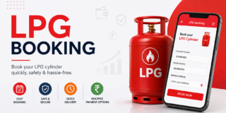 LPG booking ad with a red gas cylinder and a smartphone showing a booking form, plus feature icons: Easy Booking, Safe & Secure, Quick Delivery, Multiple Payment Options.
