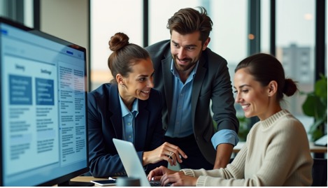image - purshoLOGY Three professionals gather around a laptop in a bright office, smiling as they discuss work.