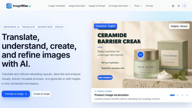 Homepage hero for ImageWise AI: bold headline 'Translate, understand, create, and refine images with AI' with a light-blue grid background and a product mockup on the right.