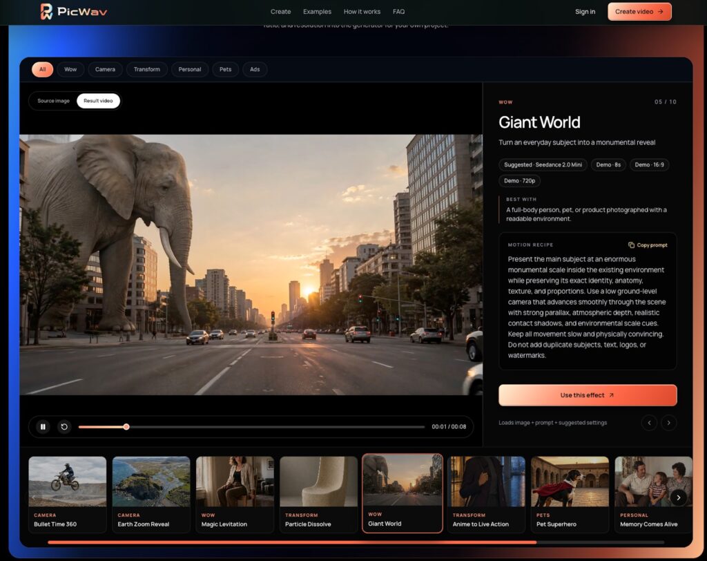 Elephant walking down a city street at sunset, with tall buildings on both sides, shown in a dark UI background.