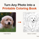 Left: photo of a golden retriever puppy, grass in foreground, rounded photo corners; right: a printed-ready black-and-white line drawing of the same puppy in a garden, with rounded corners; arrow between shows conversion.