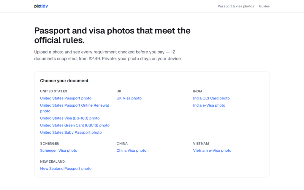 Page header for passport/visa photos: meets official rules, with a country grid of sample photo links (US, UK, India, etc.).