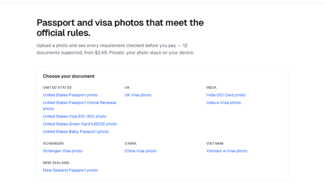 Page header for passport/visa photos: meets official rules, with a country grid of sample photo links (US, UK, India, etc.).