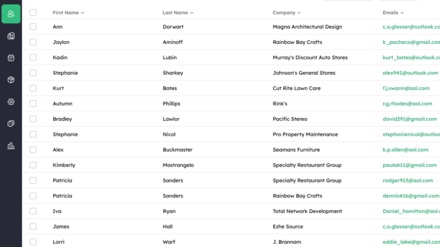Screenshot of a contact list in a CRM showing First Name, Last Name, Company, and Emails with Import and New Contact buttons on the top right.