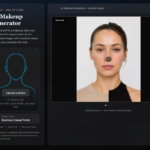 UI mockup of an AI Makeup Generator: left panel with upload box and 'Your Look' dropdown; right panel shows a woman's face split into before/after.