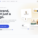 Hero section promoting LogoAI: large text 'A brand, not just a logo' with design cards and color palette visuals on the right