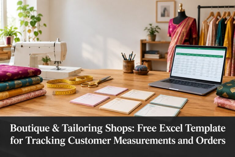 Boutique and tailoring shop workspace with Excel customer measurement and order tracker
