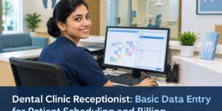 Dental clinic receptionist entering patient scheduling and billing information