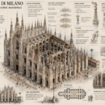 Isometric infographic of the Duomo di Milano with labeled architectural details, façade, floor plan, and design notes.